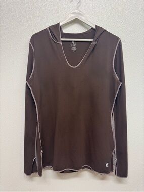 Rese Pilates Active Wear Brown Hooded Long Sleeve Top Sz L (D-54)